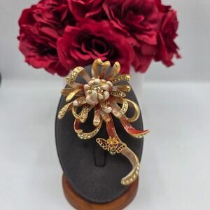 Jay Strongwater Flower Butterfly Brooch Enamel Crystal‎ Gold Tone Signed Estate